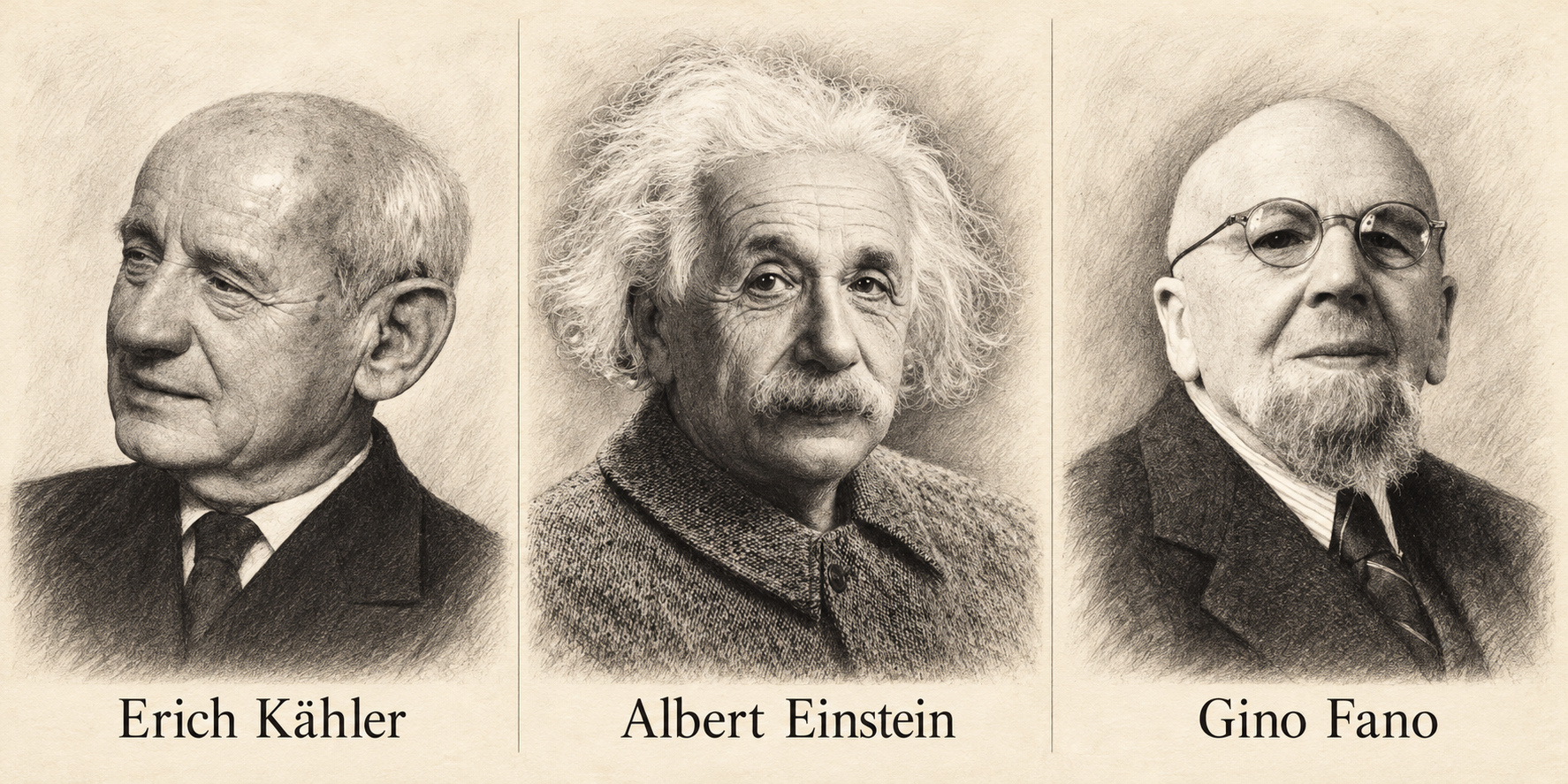 AI-illustrated portraits of Erich Kähler, Albert Einstein and Gino Fano, from left to right.